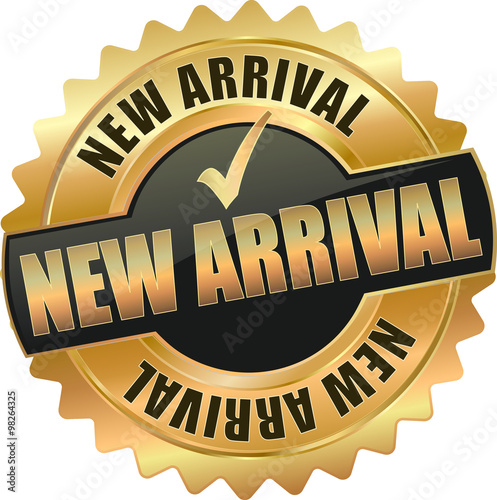 golden shiny vintage new arrival 3D vector icon seal sign button shield star with checkmark