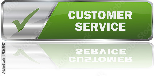 CUSTOMER SERVICE / realistic modern glossy 3D vector eps banner in green with metallic border and checkmark