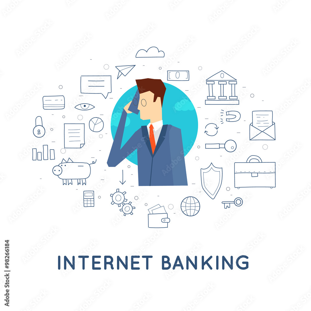 Doodle Businessman talking on the phone, finance, sales, growth, drop. Flat deign.