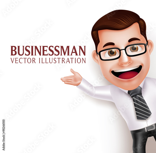 3D Realistic Professional Business Man Character  Waving Hand for Presentation in Empty White Background. Vector Illustration
