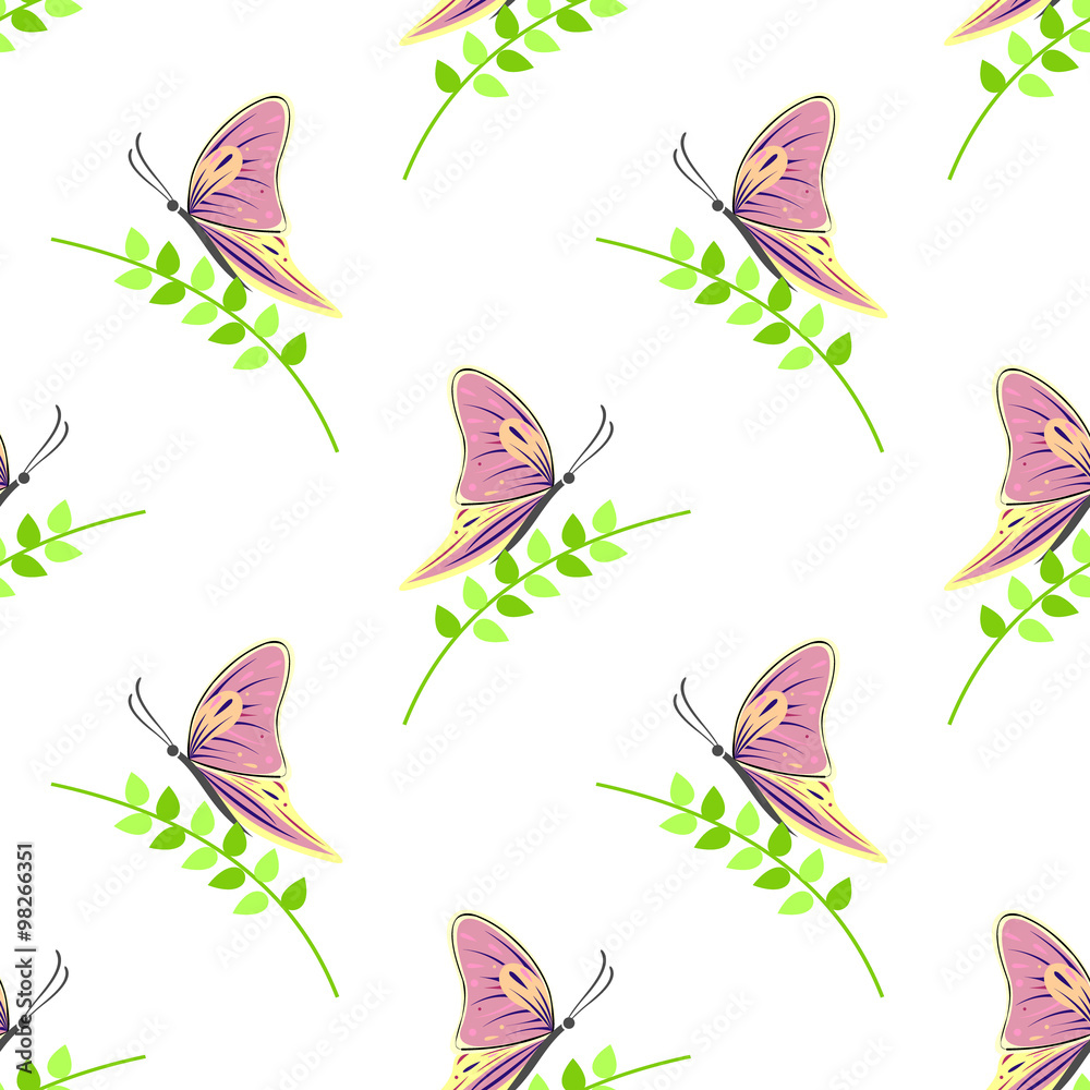 Seamless vector pattern with insects, symmetrical background with colorful butterflies and branches with leaves over light backdrop