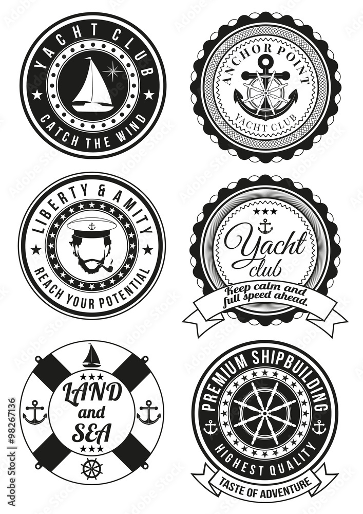 Set of black yacht club and sea theme round badges isolated on white background. Collection of elements for company logos, print products, page and web decor or other design. Vector illustration.