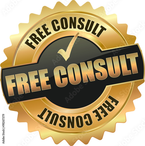 golden shiny vintage free consult 3D vector icon seal sign button shield star with checkmark