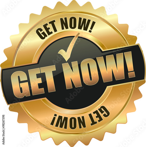 golden shiny vintage get now 3D vector icon seal sign button shield star with checkmark