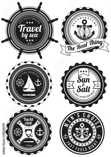 Set of black yacht club and sea theme round badges isolated on white background. Collection of elements for company logos, print products, page and web decor or other design. Vector illustration.