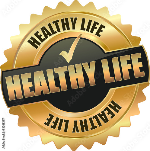 golden shiny vintage healthy life 3D vector icon seal sign button star with checkmark