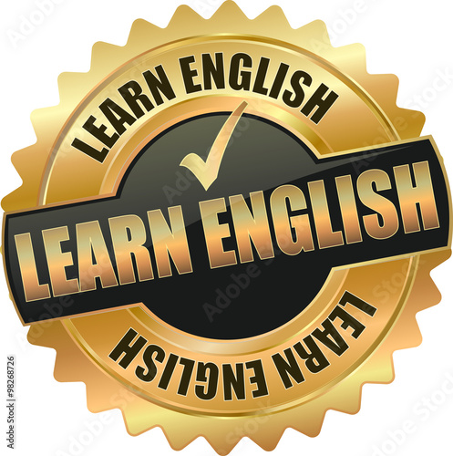 golden shiny vintage learn english 3D vector icon seal sign button star with checkmark 