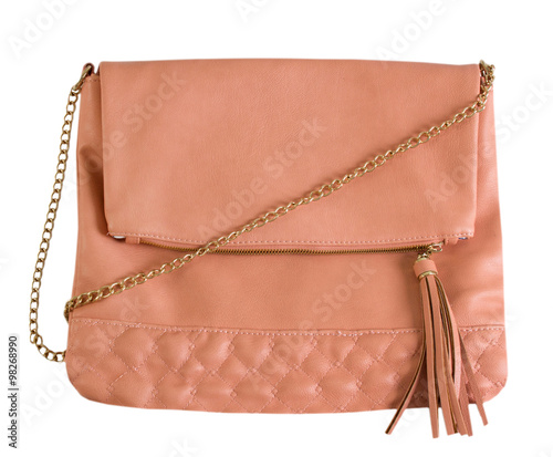 Pink color woman clutch bag isolated on white.Fashion lady purse