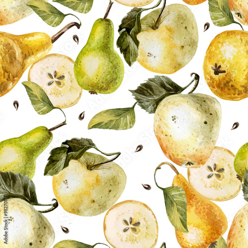 Watercolor pattern with apples and pears.