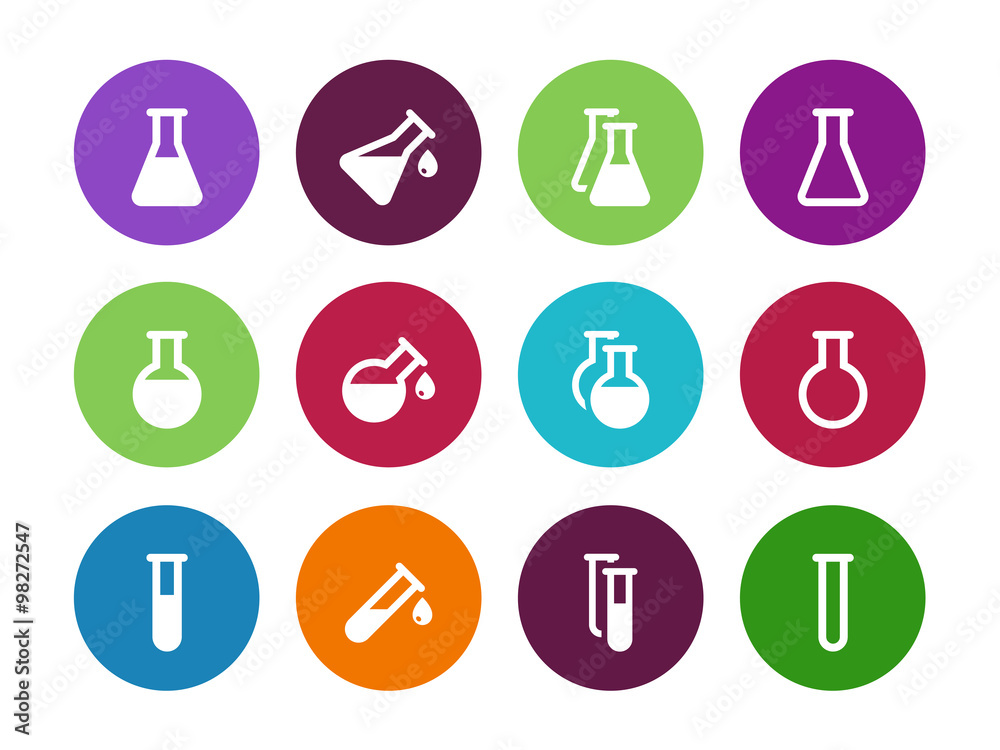 Chemistry flask circle icons on white background.