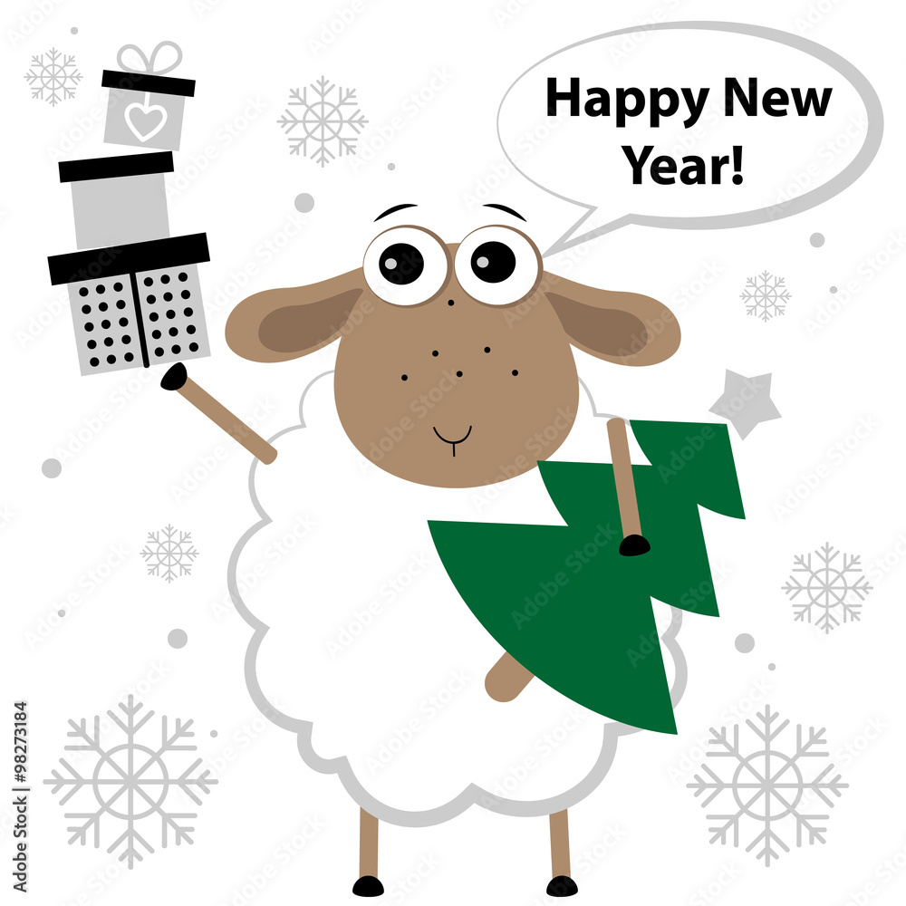 Obraz premium sheep with gifts and Christmas tree. Vector illustration