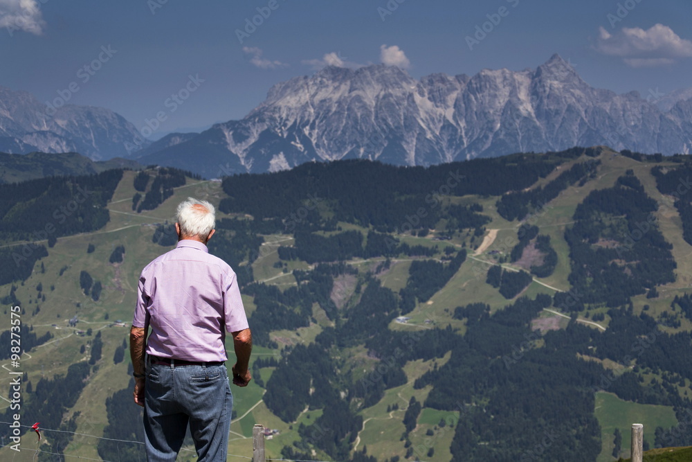 Old man looking at idyllic summer landscape with Alps mountains