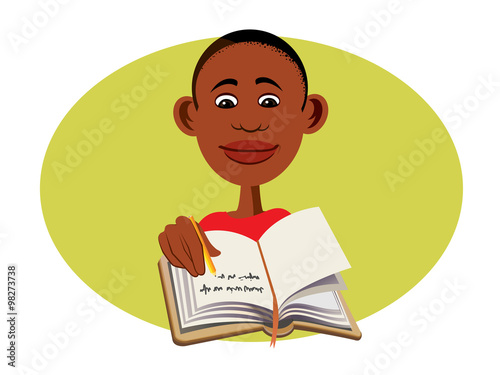 cartoon vector illustration of a black boy studying
