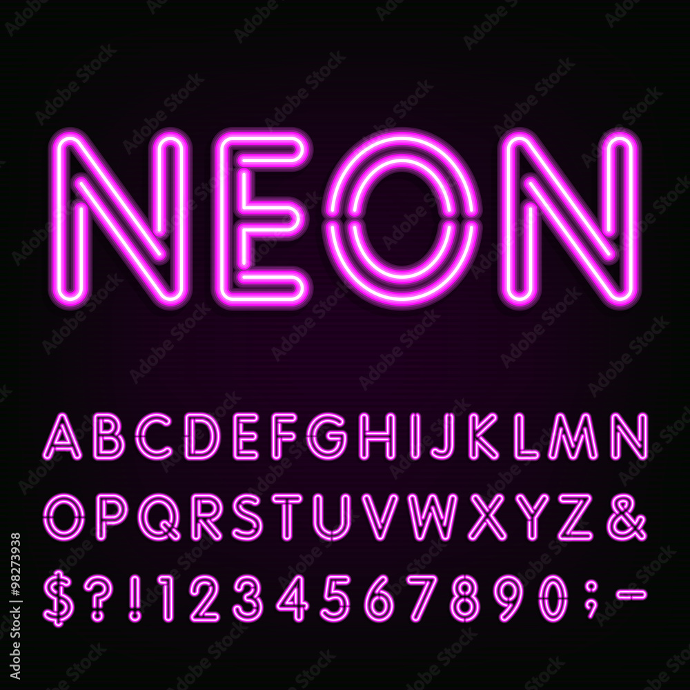Purple Neon Light Alphabet Font. Neon effect letters, numbers and symbols on the dark background. Vector typeface for labels, titles, posters etc. - obrazy, fototapety, plakaty 