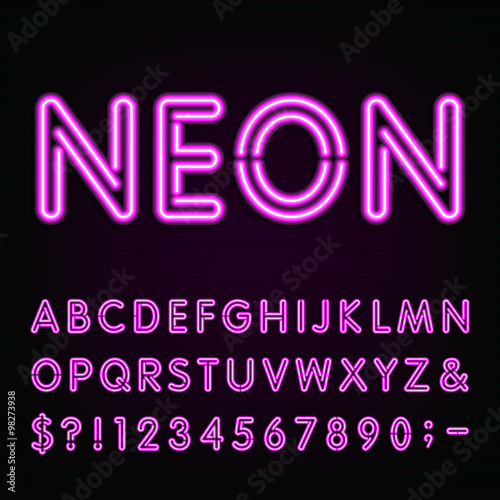 Purple Neon Light Alphabet Font. Neon effect letters, numbers and symbols on the dark background. Vector typeface for labels, titles, posters etc.