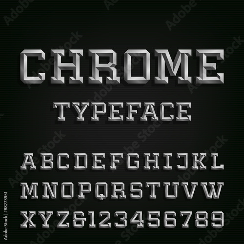 Beveled Chrome Alphabet Vector Font. Type letters, numbers and symbols. Chrome effect letters on the dark background. Vector typeset for headlines, posters etc.
