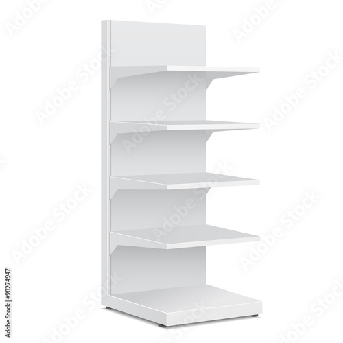 White Blank Empty Showcase Displays With Retail Shelves Products On White Background Isolated. Ready For Your Design. Product Packing. Vector EPS10