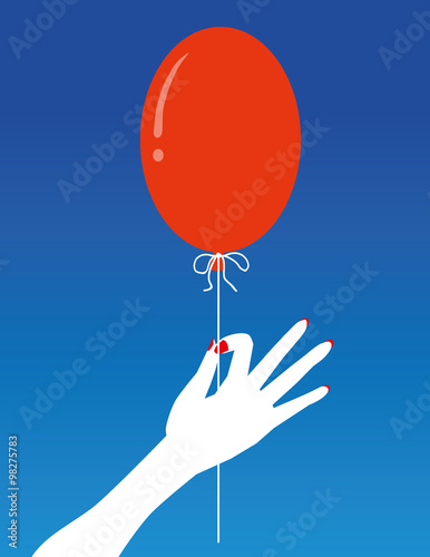 Stylized female hand with red nails holding a red balloon on string up in front of a blue sky, with copy space