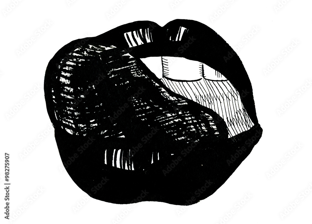 Beautiful sexy female open mouth with tongue touching lip black and white  freehand watercolor illustration card cute decor wallpaper background  erotic print greeting card, horizontal Stock Photo | Adobe Stock