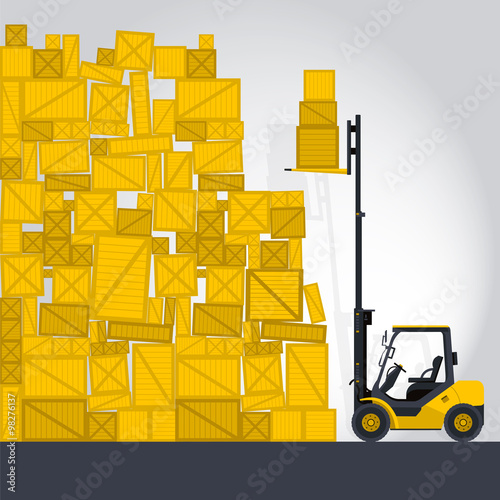 Yellow fork lift loader works in store nice lift loads crate box in warehouse storage flatten isolated illustration master vector