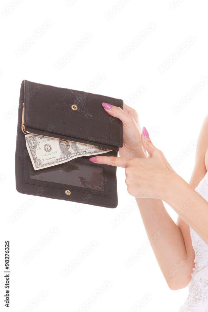 Hands with one dollar and wallet. Spending money. Hands with one dollar and wallet. Spending money.