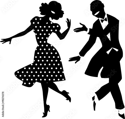 Black vector silhouette of a dancing couple in vintage apparel, no white objects, EPS 8