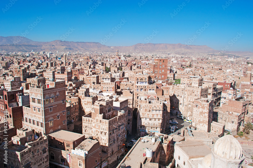 La città vecchia di Sana'a, case decorate, palazzi, minareti, moschee, Yemen