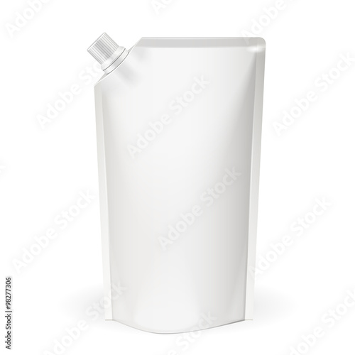 White Blank pack, Foil Food Or Drink Bag Packaging With Spout Lid. Plastic Pack Template Ready For Your Design. Vector EPS10