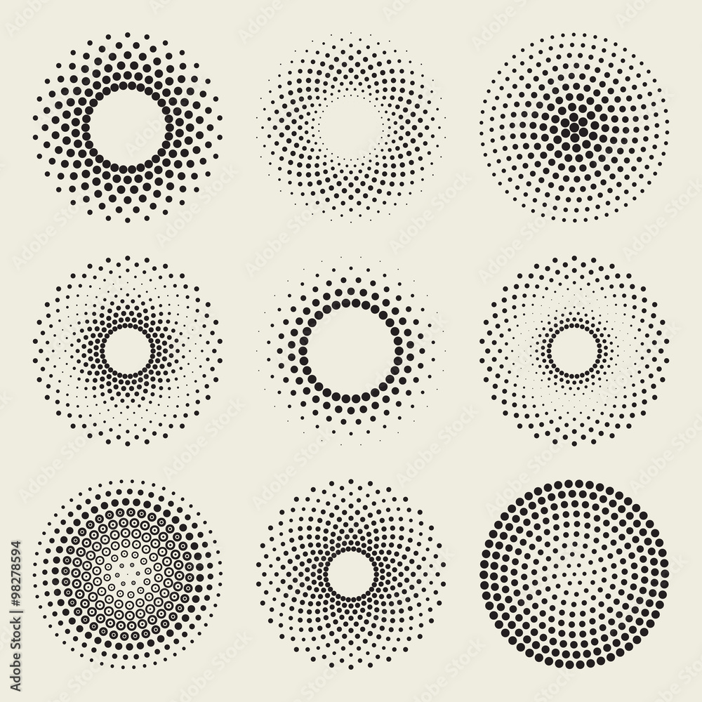 Vector Radial Gradient Halftone Sunburst Circle Shape Stippling Design Elements