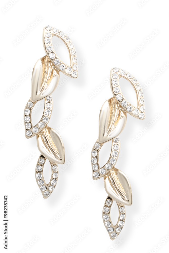gold earrings with diamonds isolated on white gold earrings with diamonds isolated on white