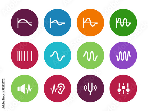 Music waves circle icons on white background.