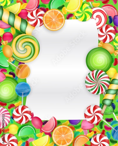 Colorful candy background with lollipop and orange slice

