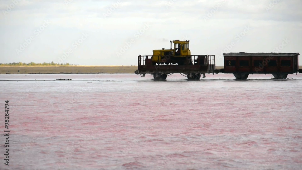 Locomotive drugs wagons with salt by rail through pink lake Locomotive drugs wagons with salt by rail through pink lake