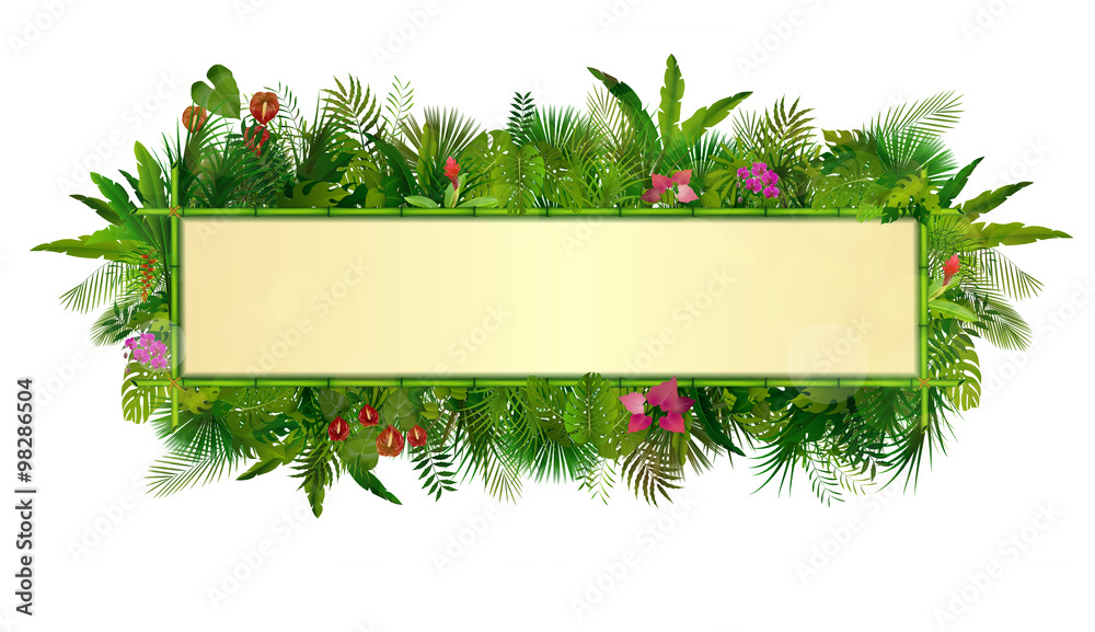 Naklejka premium Tropical plants background. rectangle floral frame with space for text in concept bamboo