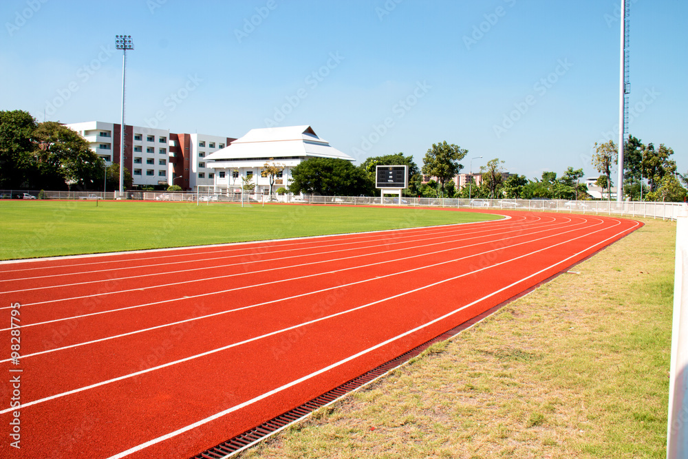running track, Red treadmill in sport field.