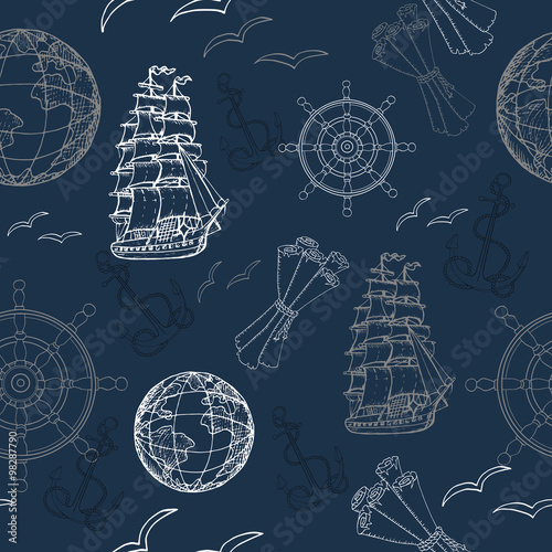 Seamless nautical background with anchor, globe and ship