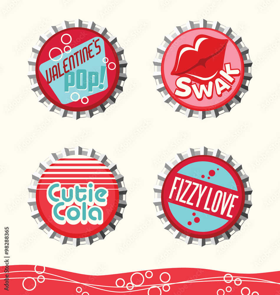 retro valentine designs for gift tags, stickers and cards. bottle caps set 2