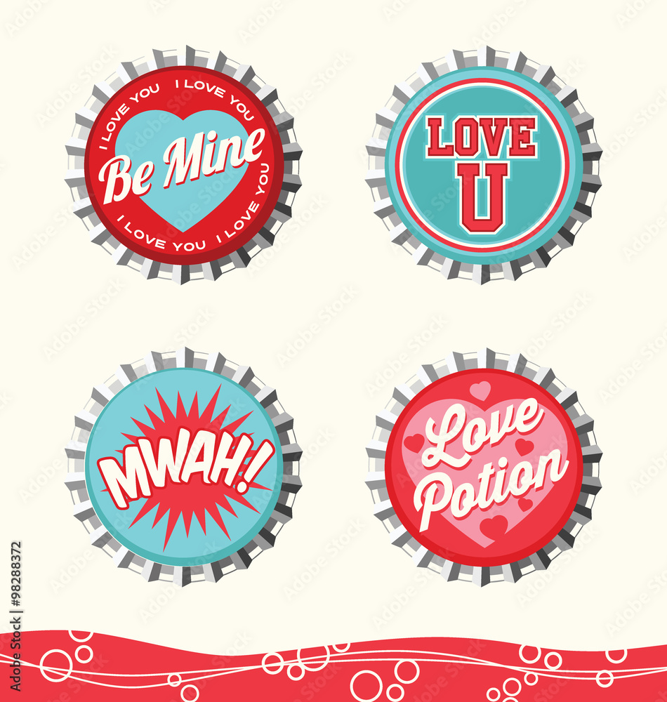 Fototapeta premium retro valentine designs for gift tags, stickers and cards. bottle caps set 2
