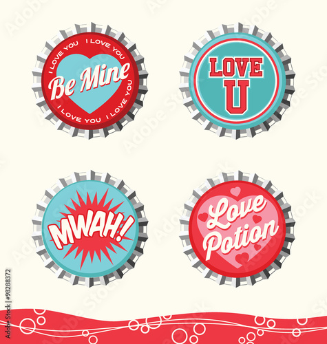 retro valentine designs for gift tags, stickers and cards. bottle caps set 2