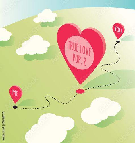 Valentine Card. Vector design with aerial view map, heart and map icons.