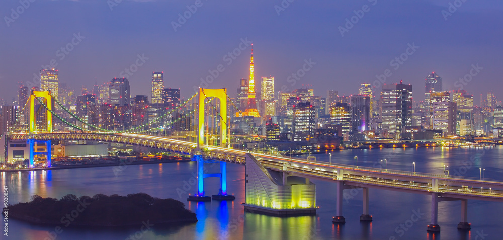 Beautiful night view of Tokyo Bay , Rainbow bridge and Tokyo Tower landmark..