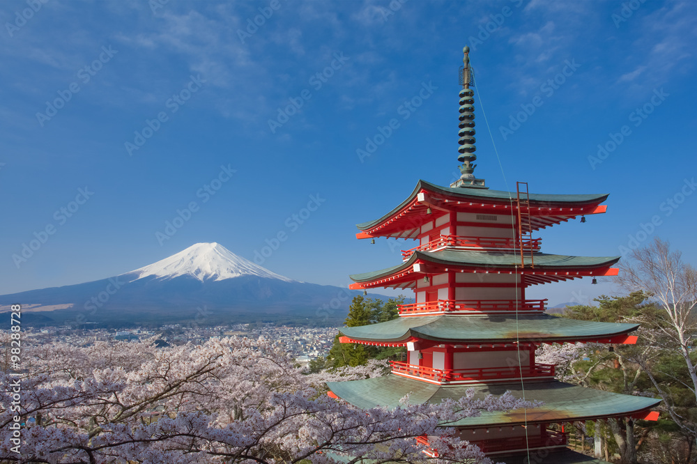 Japan beautiful landscape Mountain Fuji and Chureito red pagoda with cherry blossom sakura