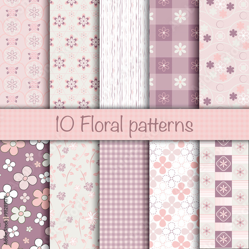 Cute floral seamless patterns collection. Vector illustration can be used for sweet romantic wallpaper, pattern fill surface, web page background. Pattern swatches included in file.