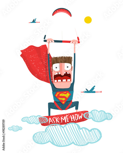 Kitesurfing superman trick cartoon in costume