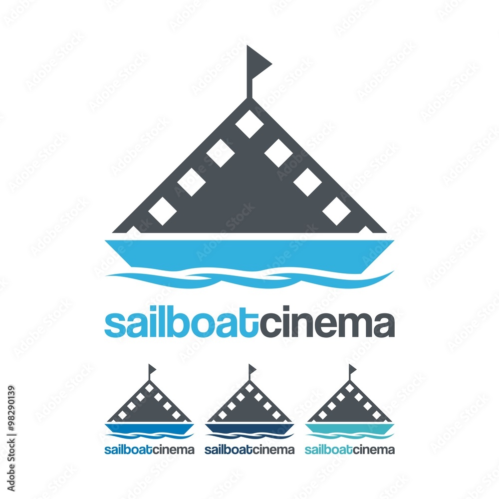 Cinema Logo, Filmstrip Sailboat Cinema Design Logo Vector