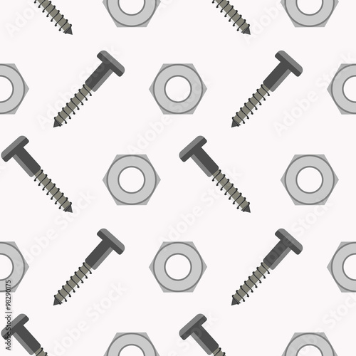 Seamless vector pattern with tools. Symmetrical background with screws and nuts on the white backdrop.