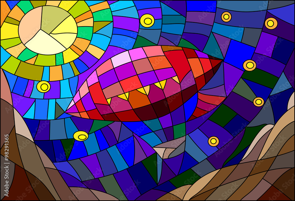 Fototapeta premium The airship against the starry night sky in the stained glass style