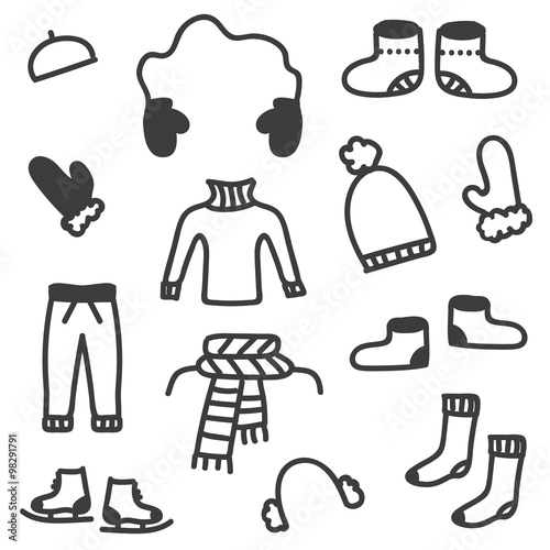 Doodle winter clothes set isolated on white background.