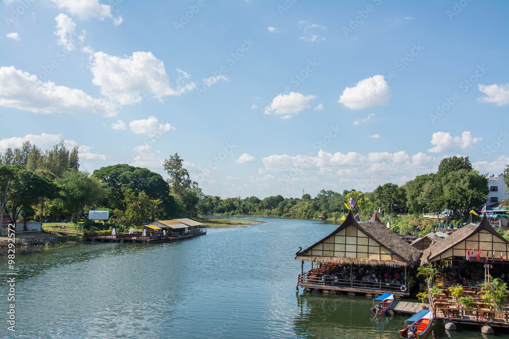 floating house in river Kwai.  Kanchanaburi of Thailand.