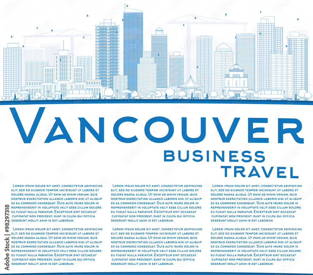 Outline Vancouver skyline with blue buildings and copy space. Some elements have transparency mode different from normal.